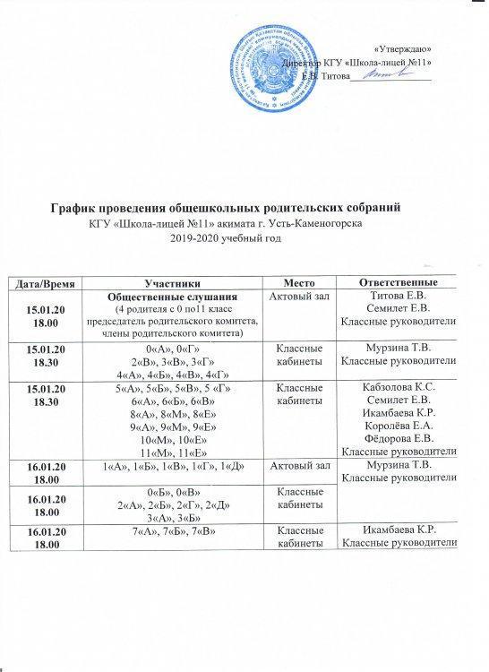 График родительских собраний по итогам 2 четверти 2019-2020