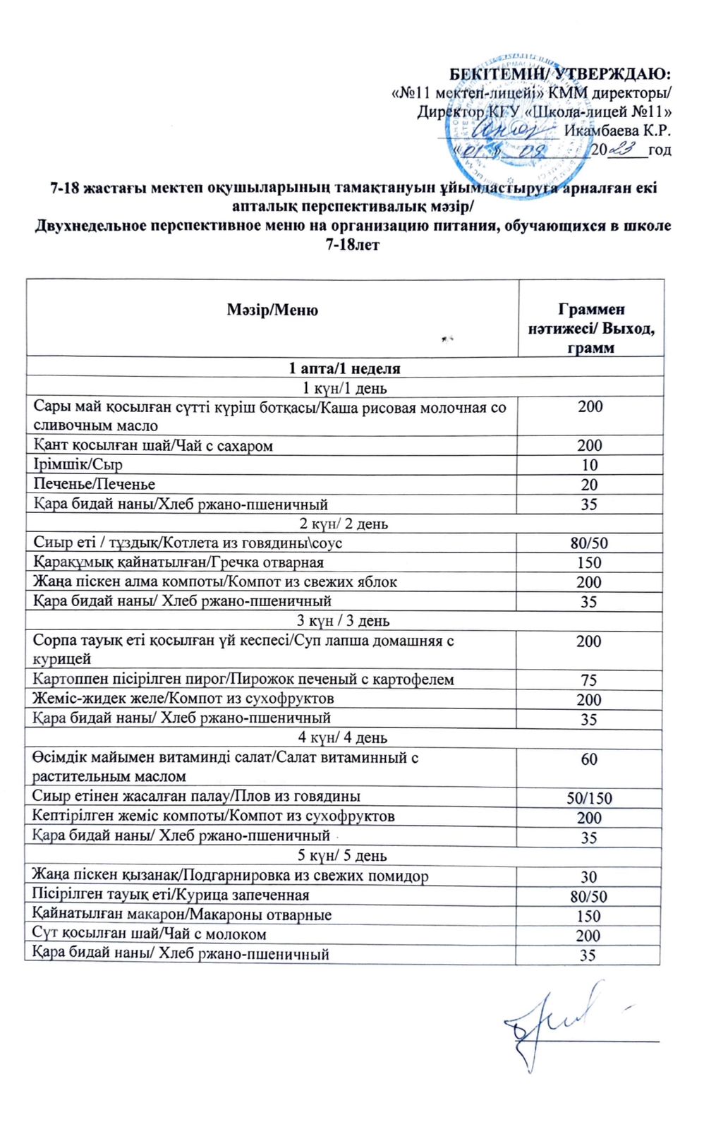 Двухнедельное перспективное меню на организацию питания